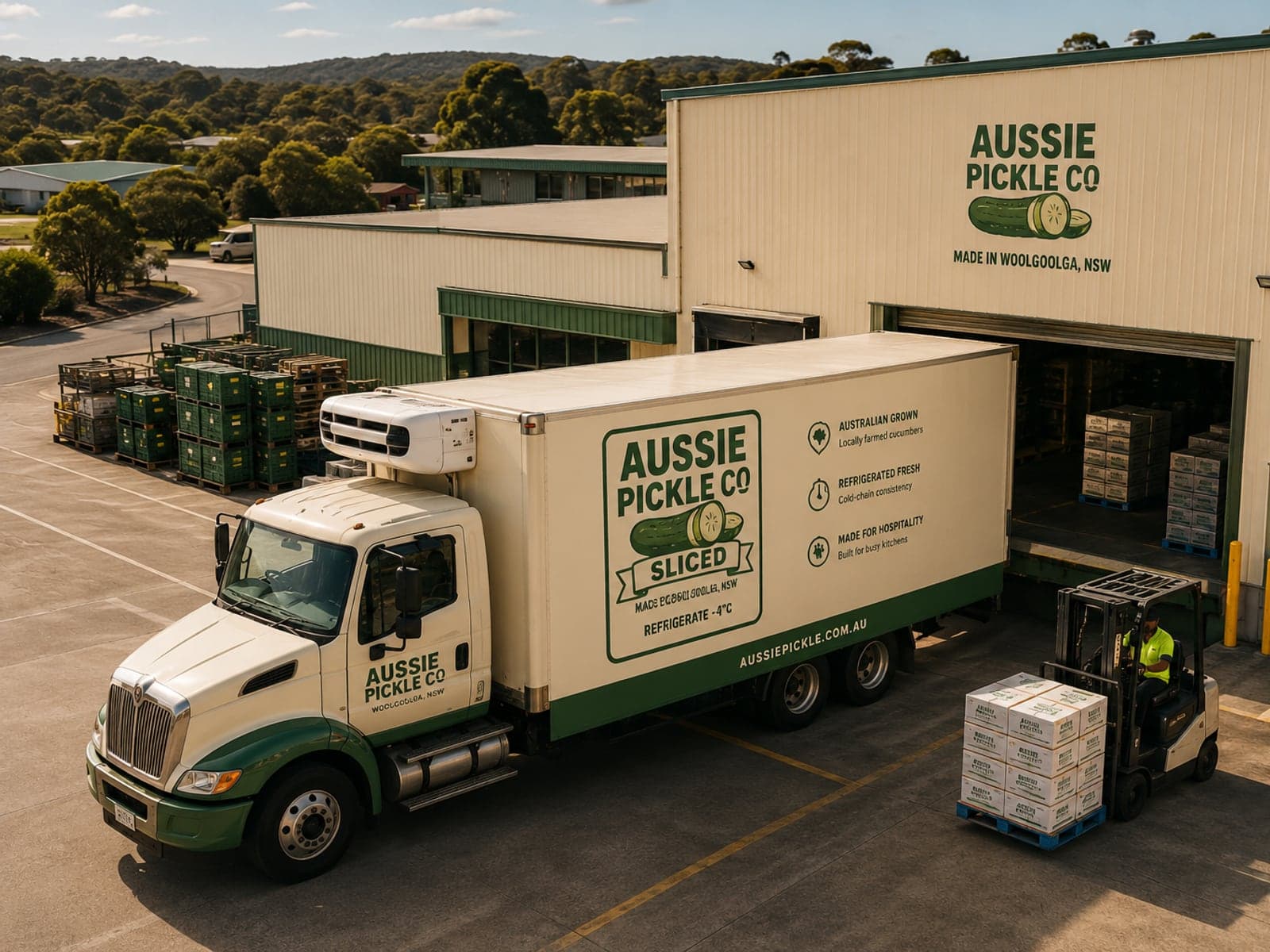 An Aussie Pickle Co refrigerated delivery truck loading pallets at the Woolgoolga, NSW production warehouse