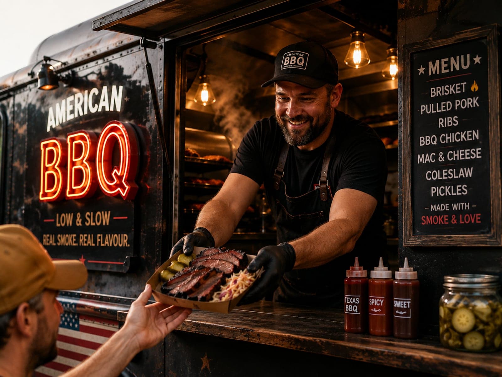 A chef hands a tray of smoked meats, slaw and pickles through a service window to a customer at a hospitality food counter