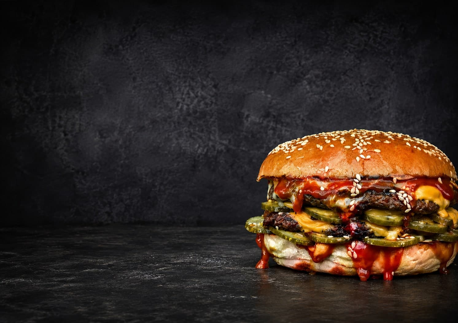 Close-up of a loaded burger with visible Aussie Pickle Co pickle slices, dripping sauce, on a dark background