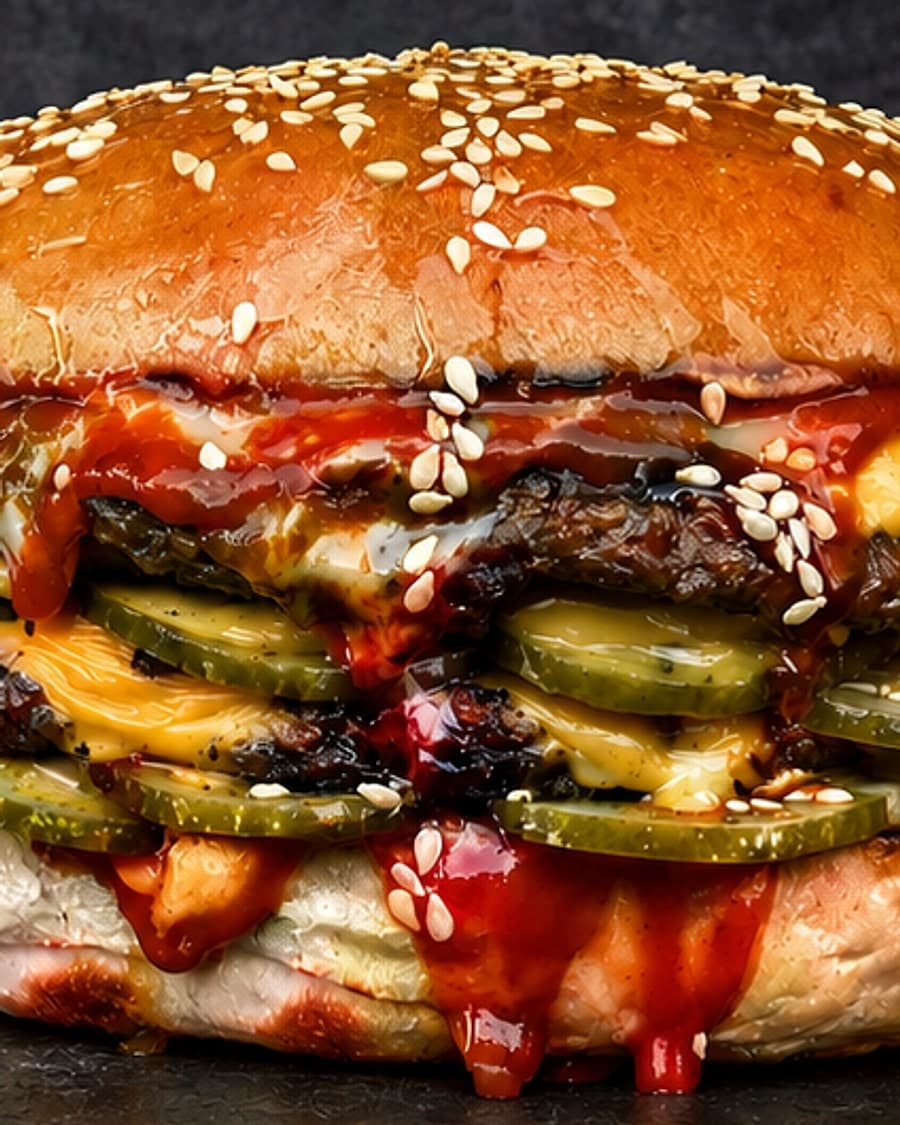Macro close-up of a burger's pickle and patty layers, showing Aussie Pickle Co pickle slices, on a dark background