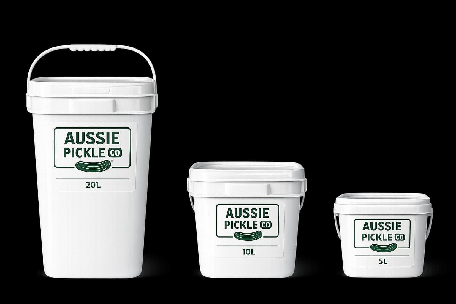 Aussie Pickle Co 20L, 10L and 5L pickle tubs shown together, largest to smallest